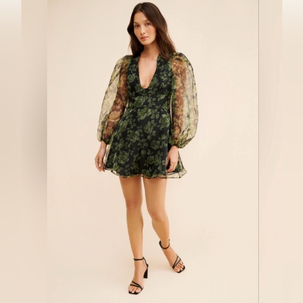 62. Hutch Green Floral Sheer Sleeve Dress, Size 10.